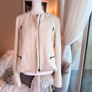 Vince Boucle Moto Jacket Cream Stretch Wool Blend.